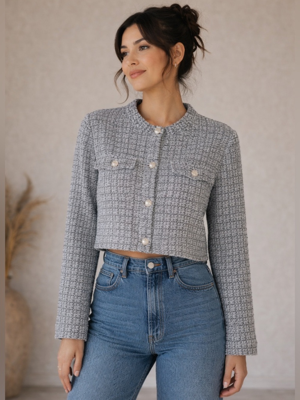 H&M Textured Grey Tweed Crop Jacket